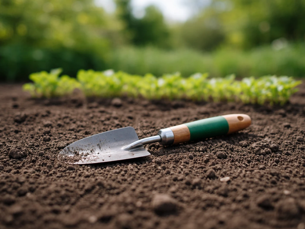 Jardin au printemps, sol sombre et ressuyé, outil à main posée près d’une rangée de semis
