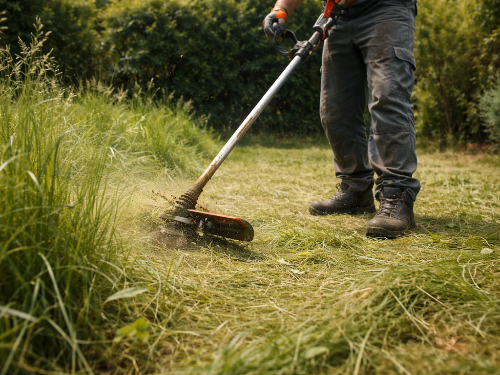 Débroussailleuse thermique en action, herbe haute fauchée, coupe nette et sécurité visible dans un jardin français.