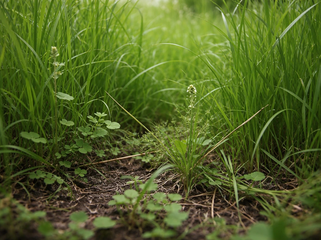 Gazon d’herbe haute vu de près, avec quelques tiges et plantes distinctes montrant la densité.