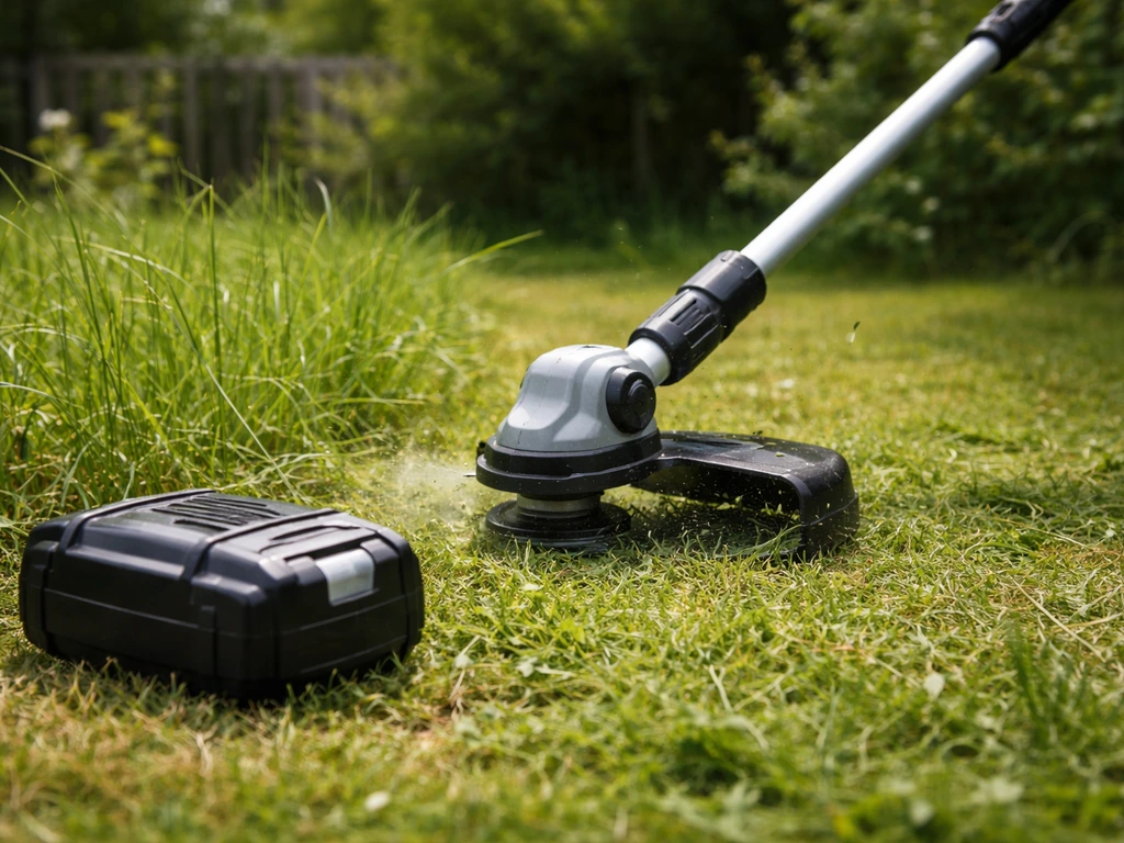 Débroussailleuse à batterie en action sur herbe haute, pack batterie visible au premier plan, jardin calme.