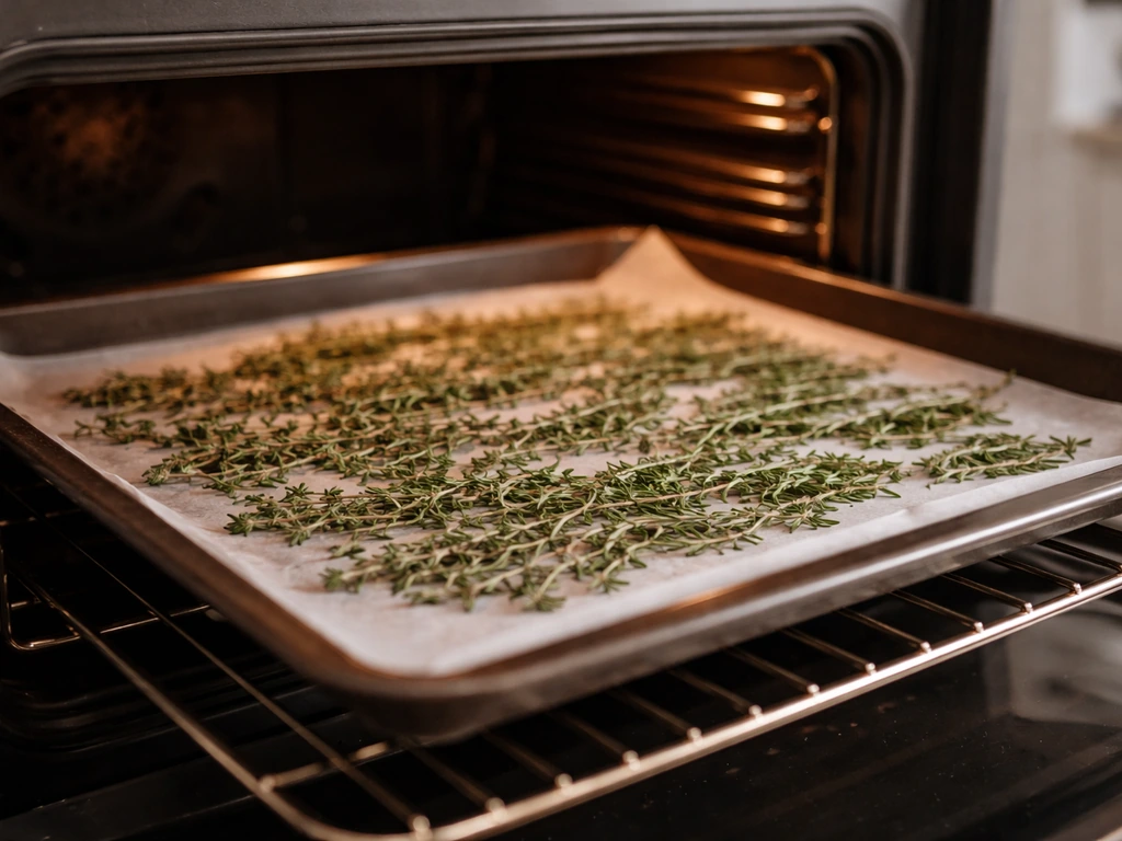 Herbes aromatiques (thym et romarin) étalées sur une plaque dans un four entrouvert, prêtes à sécher doucement.