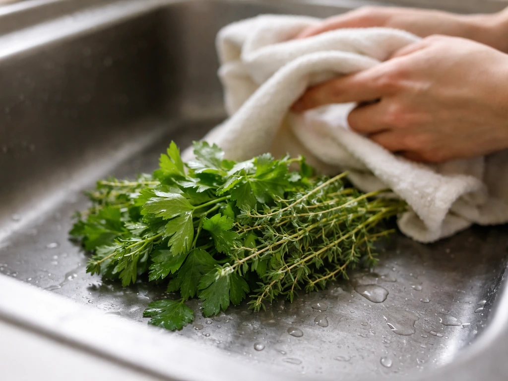 Gros plan d’herbes fraîches rincées, gouttes sur les feuilles et essuyage doux avant de les mettre au four.