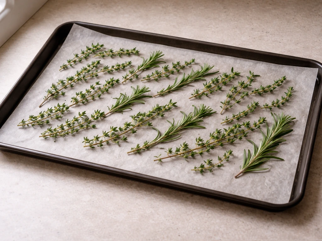 Plaque de cuisson avec papier sulfurisé et herbes fraîchement étalées en couche unique, sans se chevaucher.