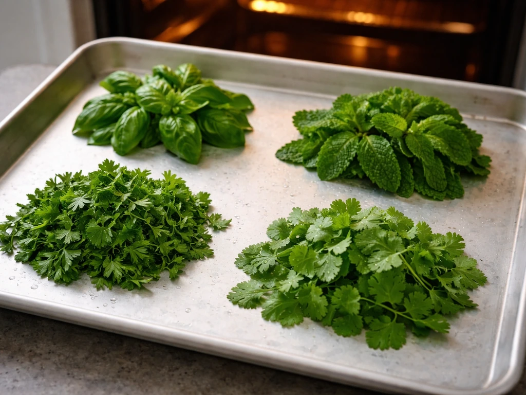 Petites portions d’herbes fraîches (basilic, menthe, persil, coriandre) prêtes à être séchées au four, feuilles intactes
