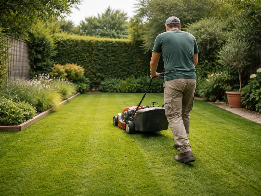 Jardinier tondant une pelouse bien réglée avec une tondeuse, herbe coupée nette au premier plan