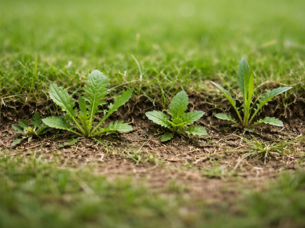 Des mauvaises herbes vertes repoussent dans une bordure, avec herbe coupée autour, juste après la tonte.