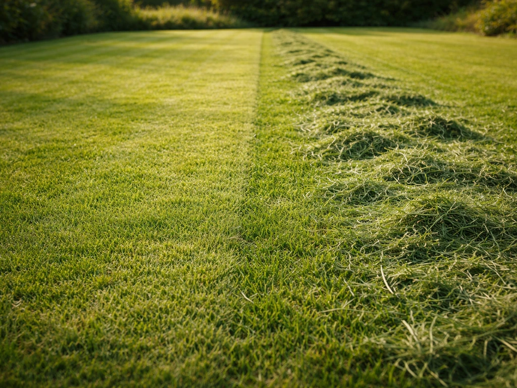 Gazon fraîchement tondu avec andains d’herbe laissés au sol, contraste entre zone ramassée et zone en mulching.