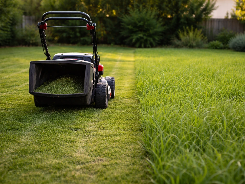 Tondeuse avec bac ouvert dans l’herbe, différence de hauteur montrant la règle du tiers lors d’une tonte.