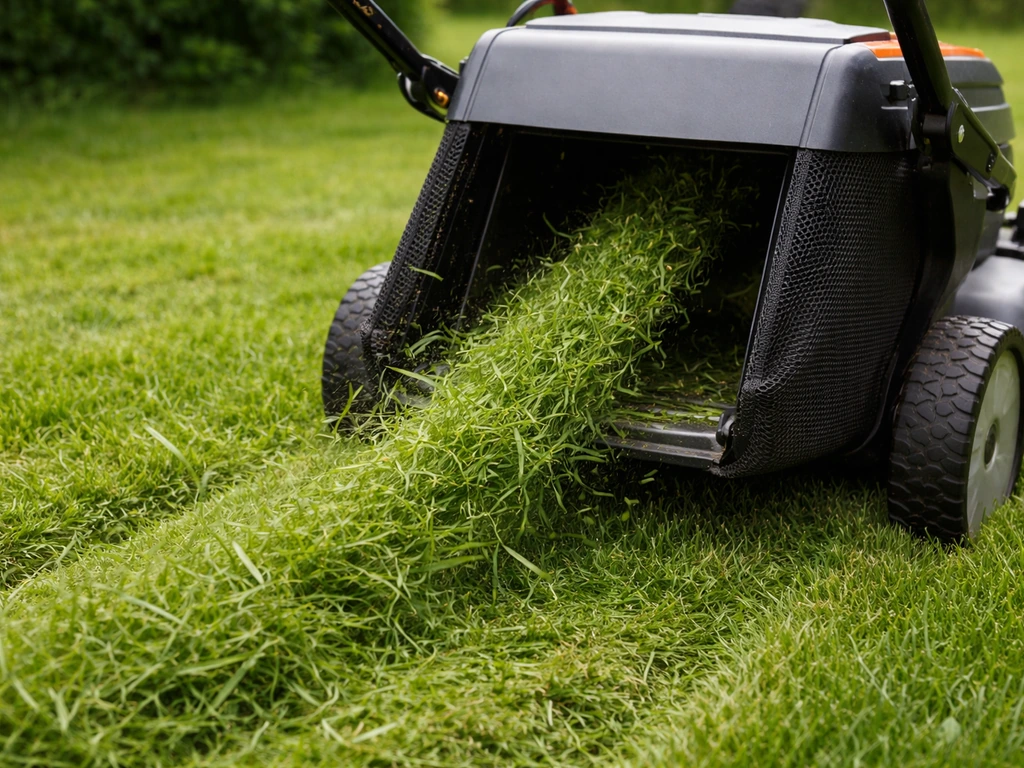 Tondeuse en mode collecteur : flux d’herbe tondue allant vers le bac de ramassage.