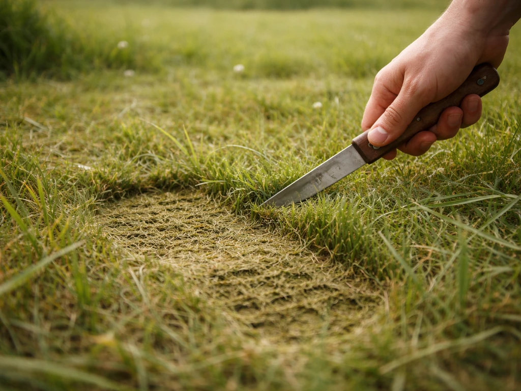 Outil qui coupe l’herbe ras du sol, au niveau exact des traces de pas dans un champ