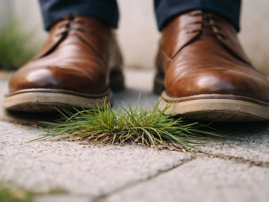 Chaussures sur une herbe écrasée au sol, image minimaliste évoquant « sous les pieds ».