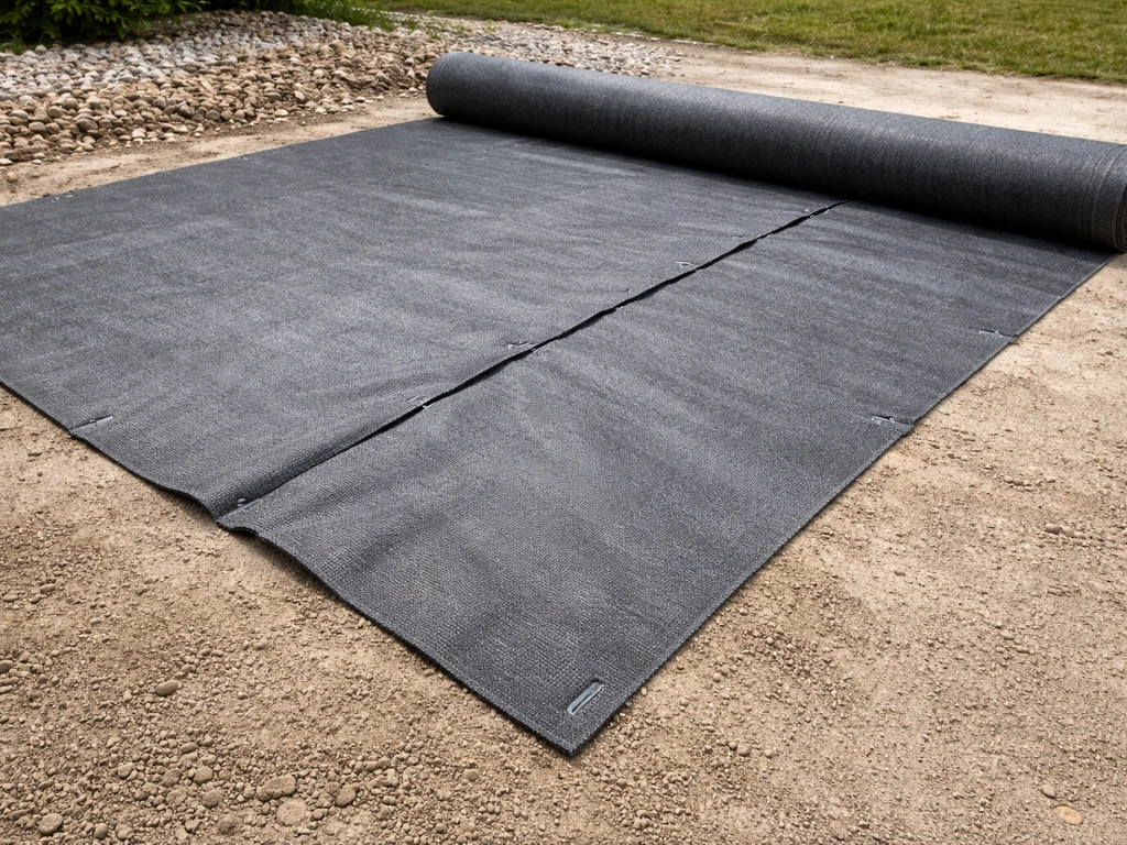 Géotextile noir anti-pousse déroulé avec chevauchement sur une surface prête pour le gravier