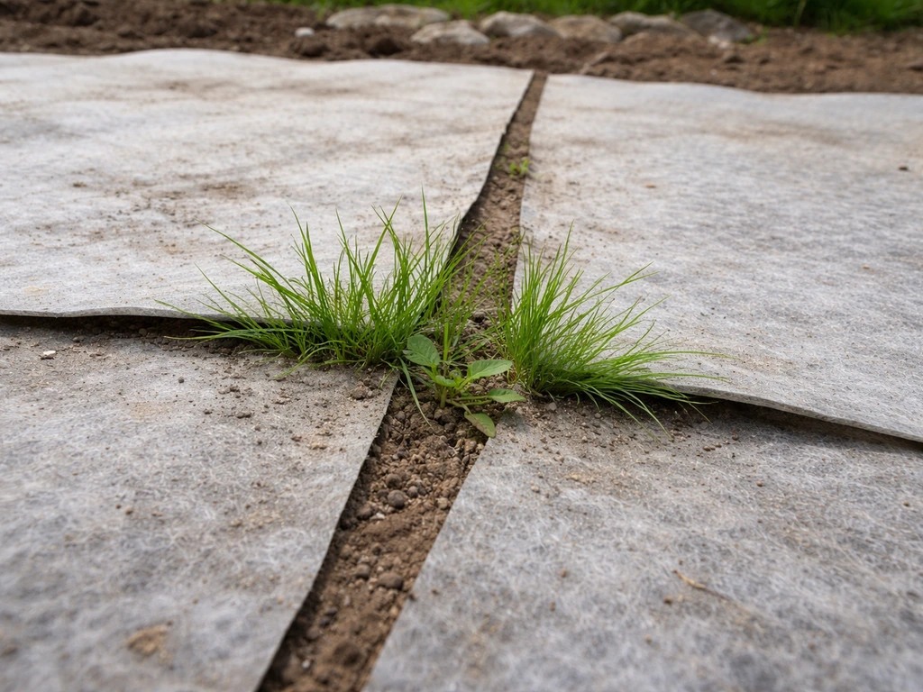 Vue rapprochée d’un géotextile au sol avec bords non recouverts, de l’herbe repoussant aux jonctions.