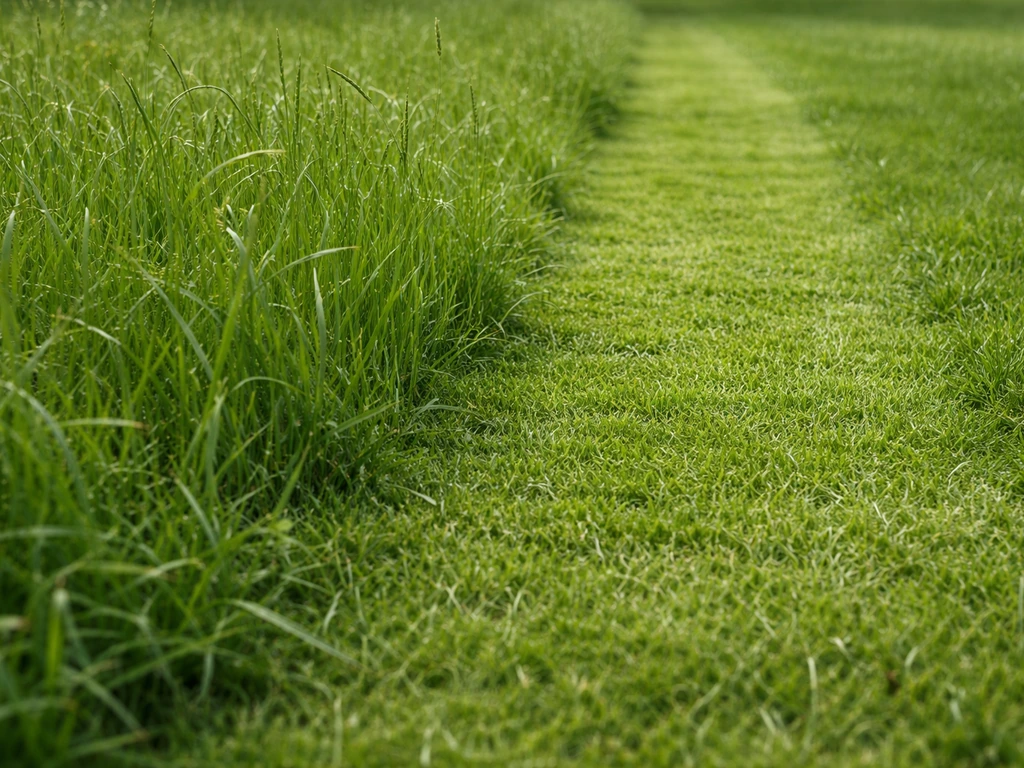 Pelouse après taille d’herbe haute : une bande rasée et le reste resté haut, vue au sol.
