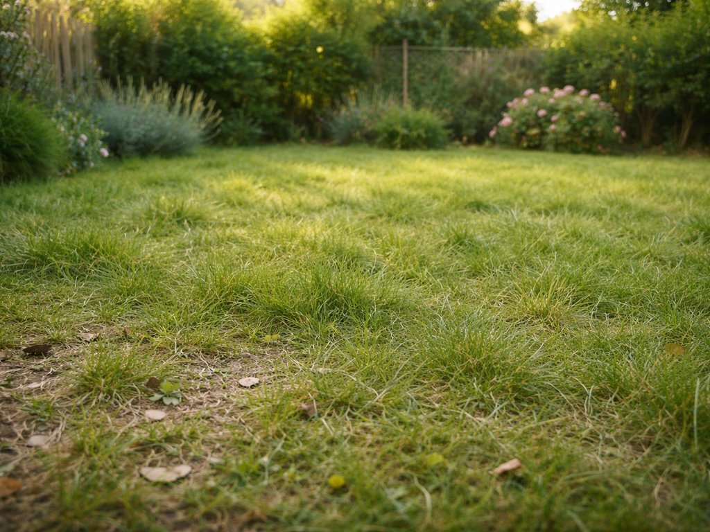 Jardin avec pelouse haute, sol visiblement sec après une période de pluie, ambiance après vacances.