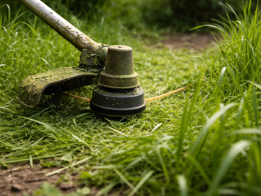 Débroussailleuse à tête à fil en action sur une zone d’herbe très haute, herbe envahie au premier plan.