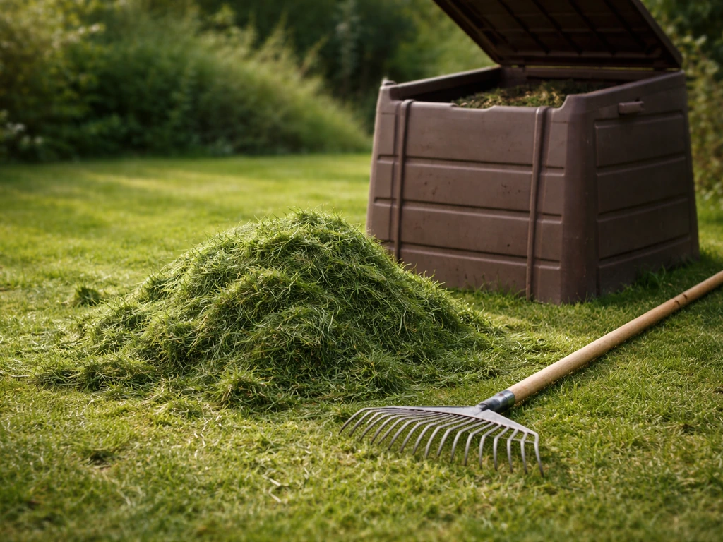 Tas d’herbe coupée à ratisser, râteau et bac de compost en plastique dans un jardin.