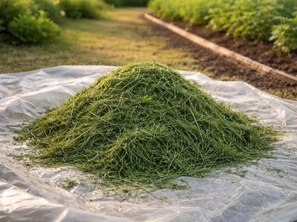 Herbe de tonte fraîche sur une bâche au sol, prête à être utilisée pour paillage ou compost, jardin en arrière-plan.