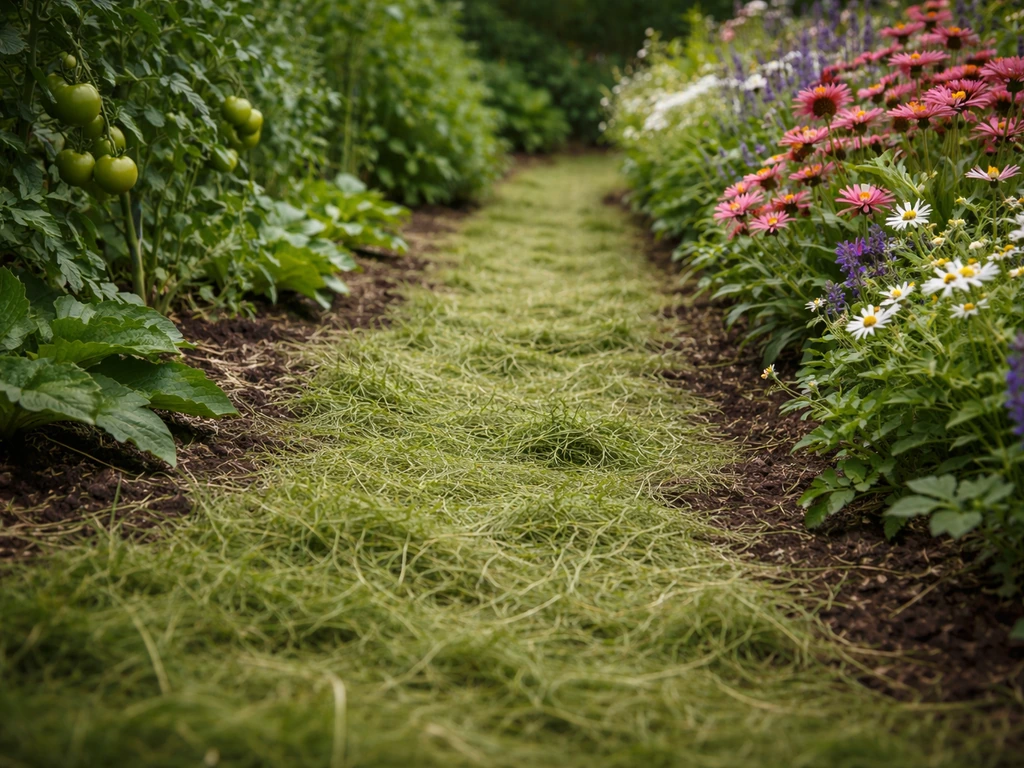 Herbe de tonte étalée en couche mince en paillage sur un potager et un massif, avec paillis visible.