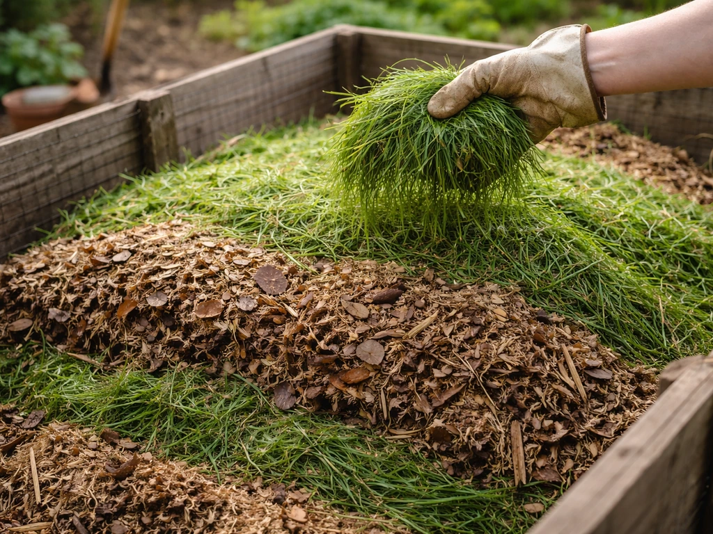 Herbe de tonte verte et matières brunes déposées en couches dans un composteur au jardin