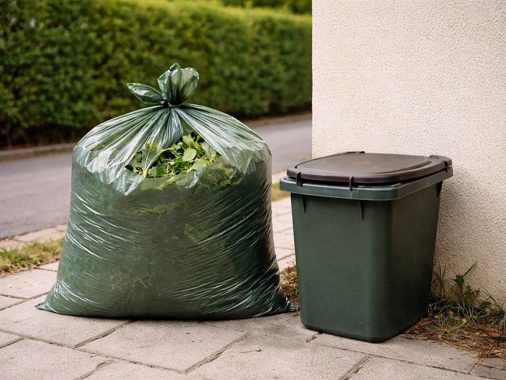 Sac et petit bac de déchets verts près d’une entrée, prêts pour la collecte municipale.