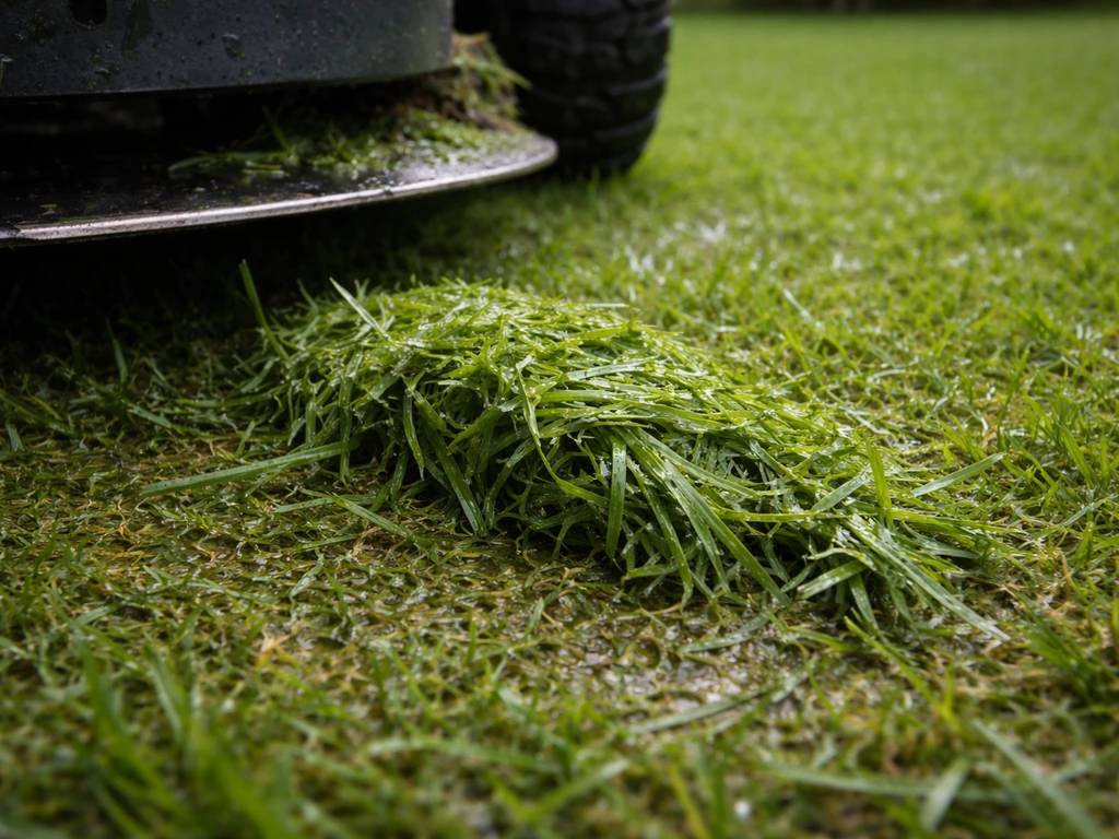 Herbe humide en mottes qui se couche au sol, près d’une tondeuse, suggérant des bourrages après une tonte ratée.