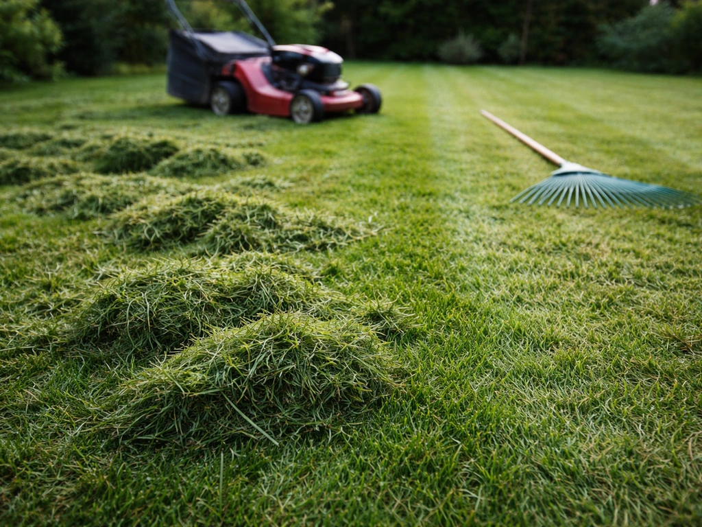 Pelouse après tonte : amas d’herbe humide laissés puis zone râtissée et plus propre, avec tondeuse et râteau.