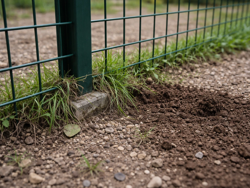 Gros plan du pied d’un grillage envahi par l’herbe, avec une zone en cours de nettoyage près du sol.