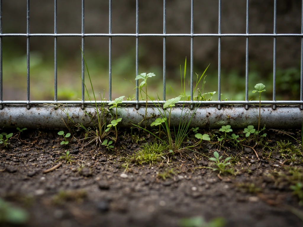 Herbes et jeunes plantes colonisant le pied d’un grillage dans un sol humide à l’ombre.