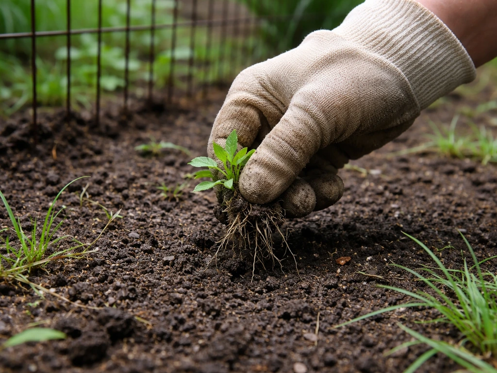 Après la pluie, main tenant une motte avec racines d’adventice près d’un grillage, terre meuble.