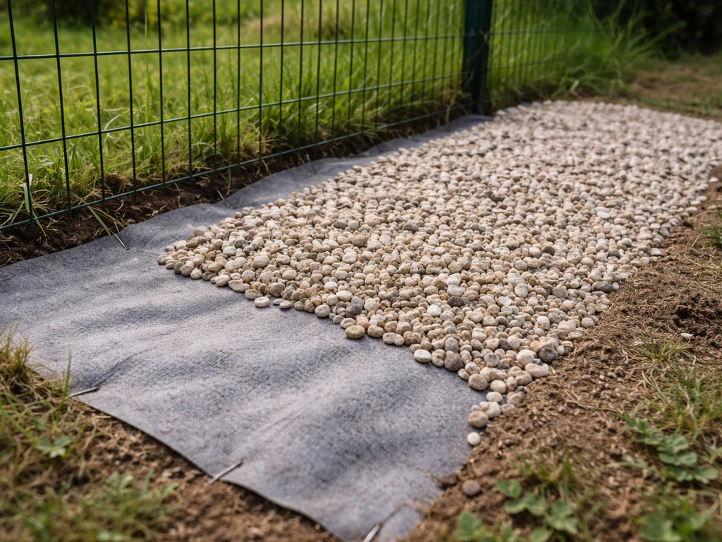 Géotextile non tissé posé au pied d’un grillage, recouvert de gravillons pour prévenir la repousse des herbes.