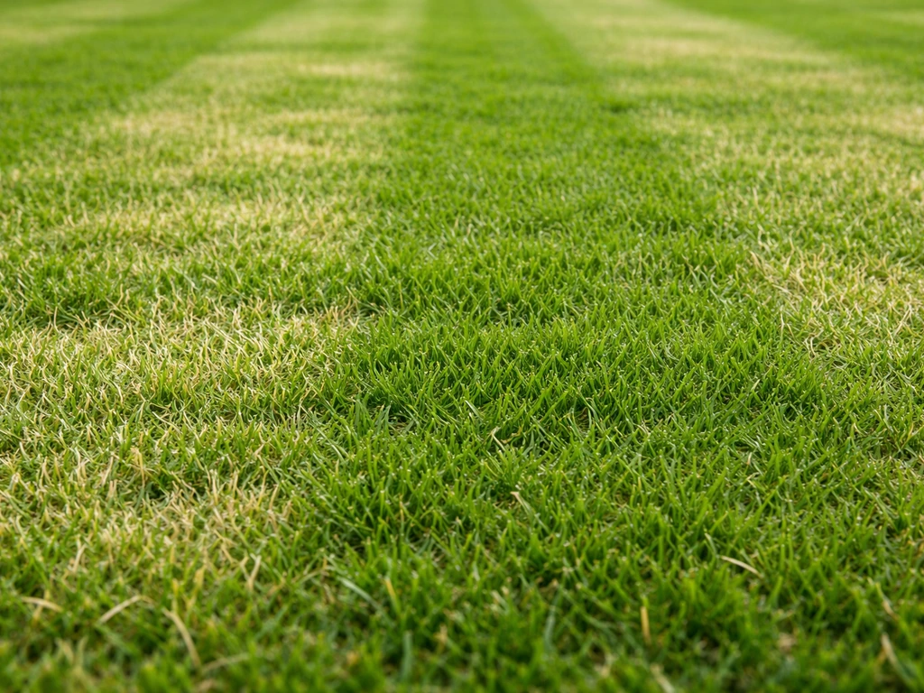Pelouse fraîchement tondue montrant des zones clairsemées qui repoussent mal après la coupe