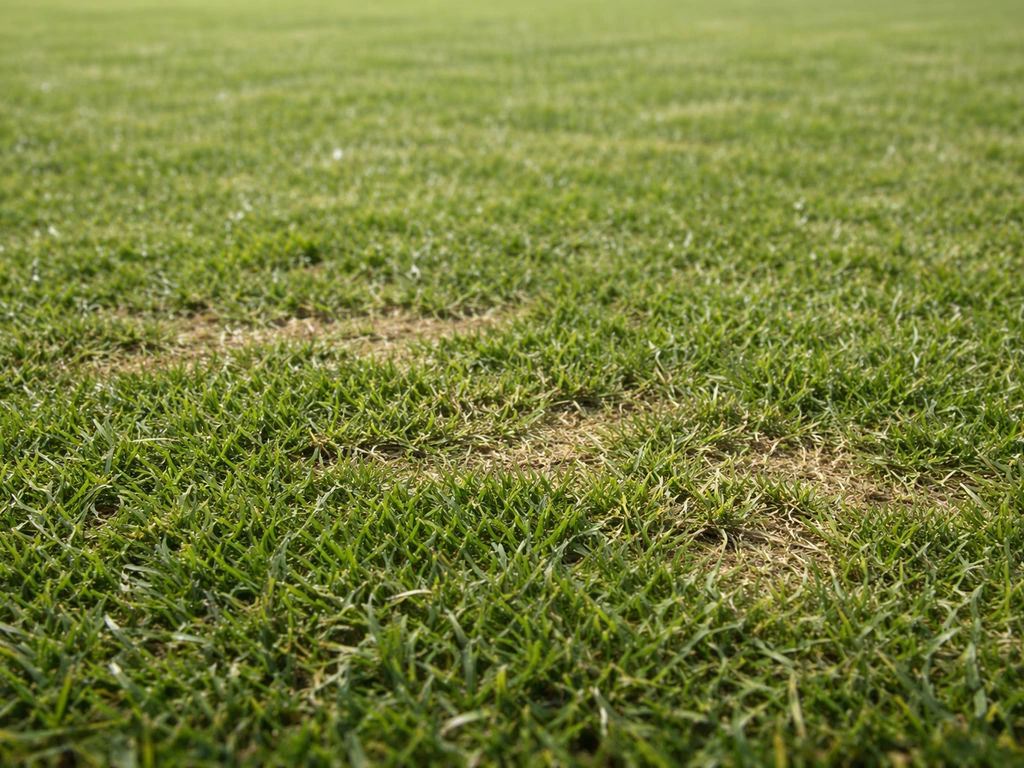 Gros plan sur une pelouse fraîchement tondue, brins d’herbe coupés très courts et sol marqué.