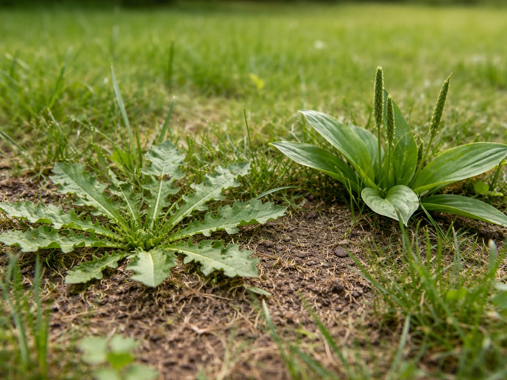 Plan rapproché d’adventices dans une pelouse, rosettes de pissenlit et feuilles de plantain entre l’herbe.