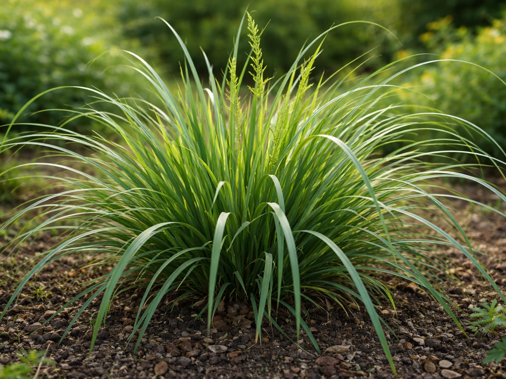 Touffe d’herbe à bouc au jardin, feuilles longues et linéaires, lumière naturelle, gros plan réaliste.