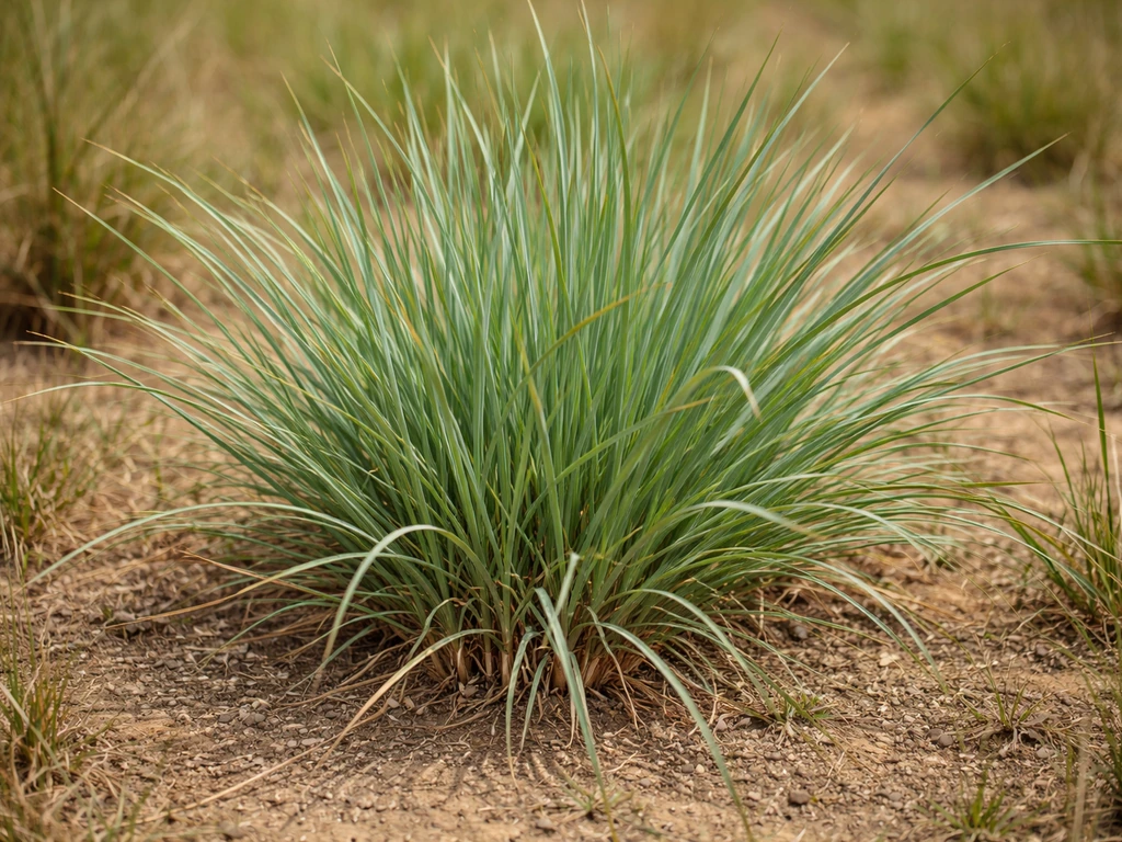 Touffes d’herbe à bouc avec feuilles longues et légèrement glauques dans une prairie sèche, vue rapprochée.