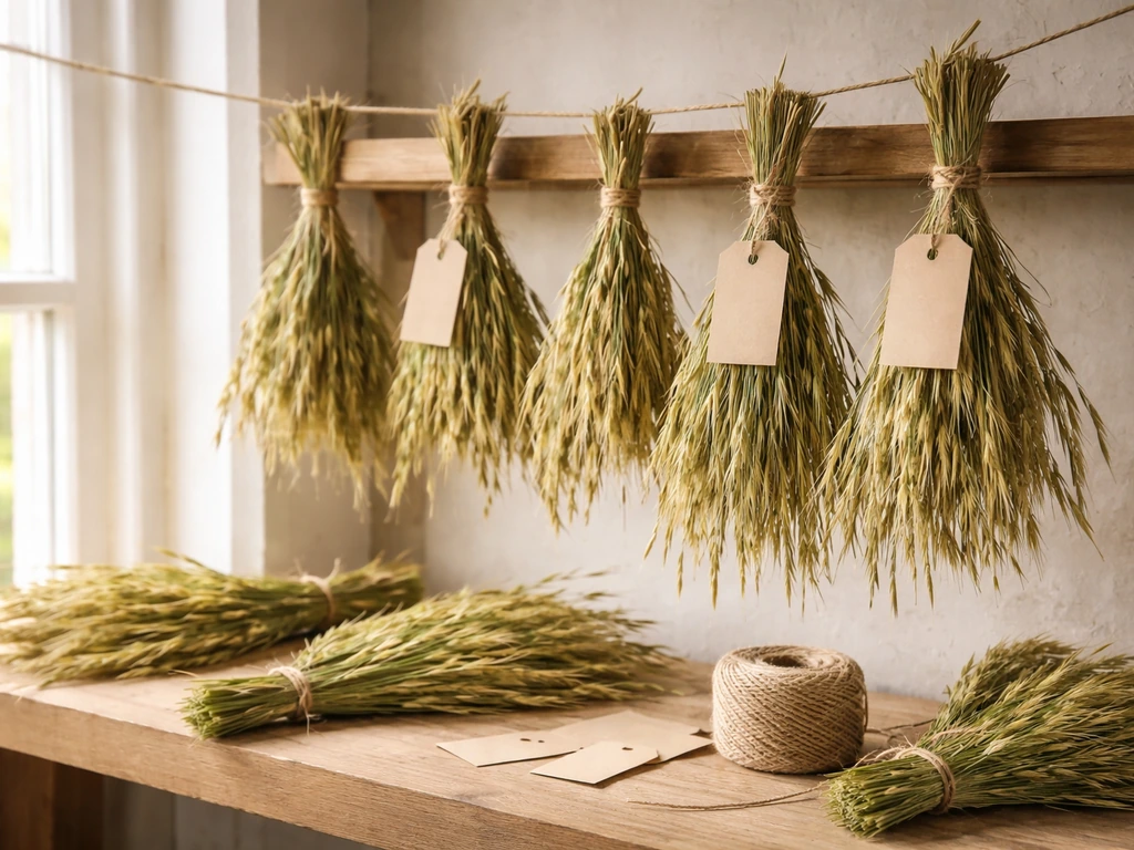 Petits bouquets d’herbe à bouc suspendus pour séchage, avec repères vierges, près d’une fenêtre.