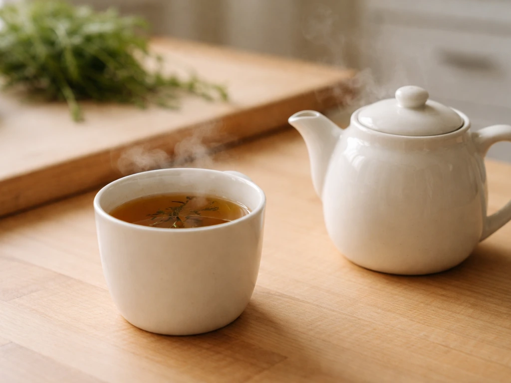 Tasse avec infusion aux herbes à bouc, eau chaude et brins infusés sur un plan de cuisine lumineux.