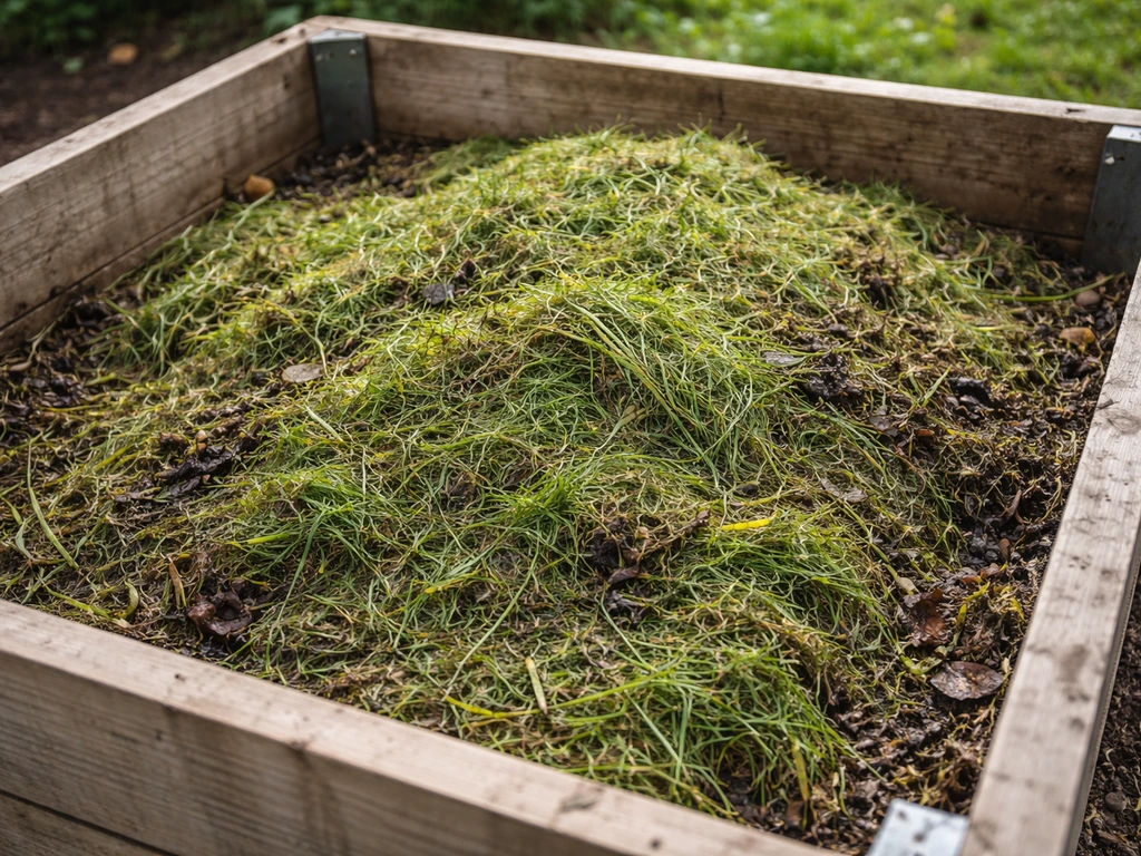 Tas de tontes mélangées au compost, textures visibles et aération, dans un coin jardin.