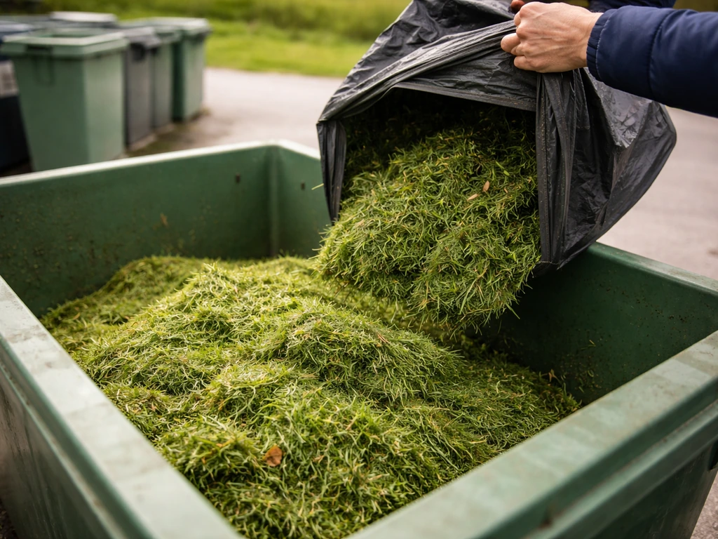 Des tontes d’herbe versées dans un bac vert de déchets verts en déchetterie, main au premier plan.