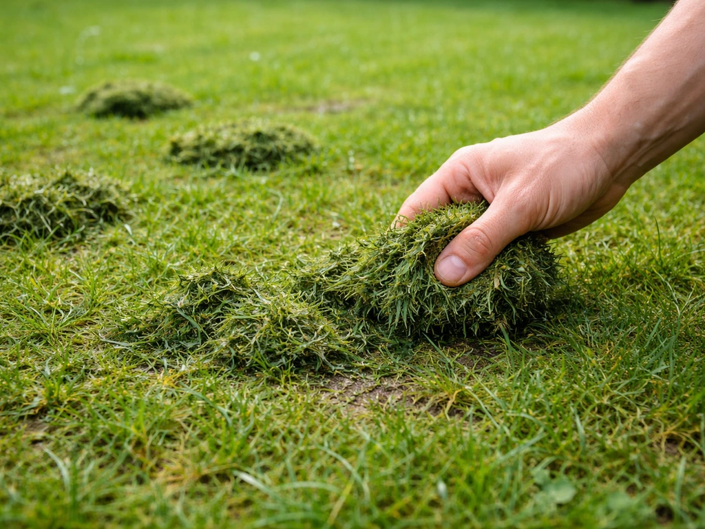 Main ramassant des tas d’herbe collés sur une pelouse, pour corriger une tonte ratée.