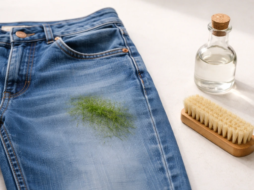 Jean avec tache d’herbe verte sur une table, brosse et flacon de vinaigre blanc à côté