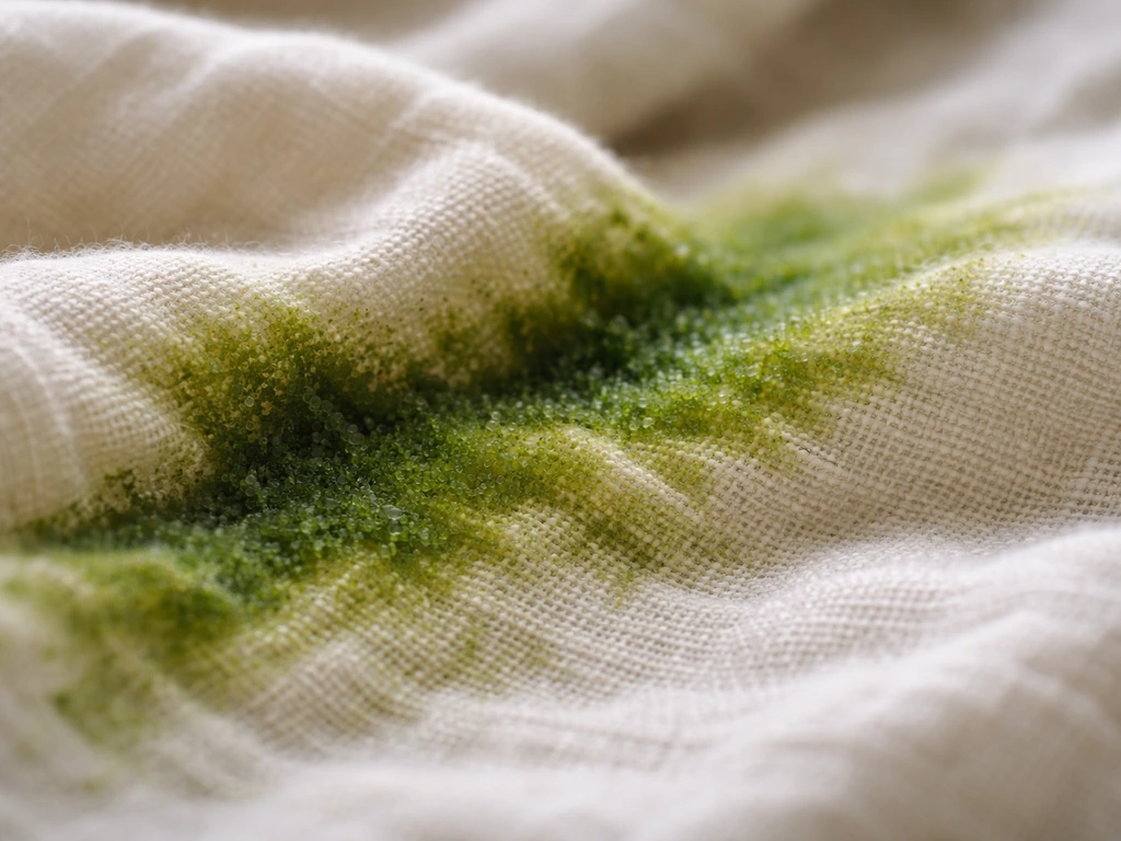 Gros plan de fibres de tissu blanc avec une tache verte d’herbe qui s’incruste et se diffuse.