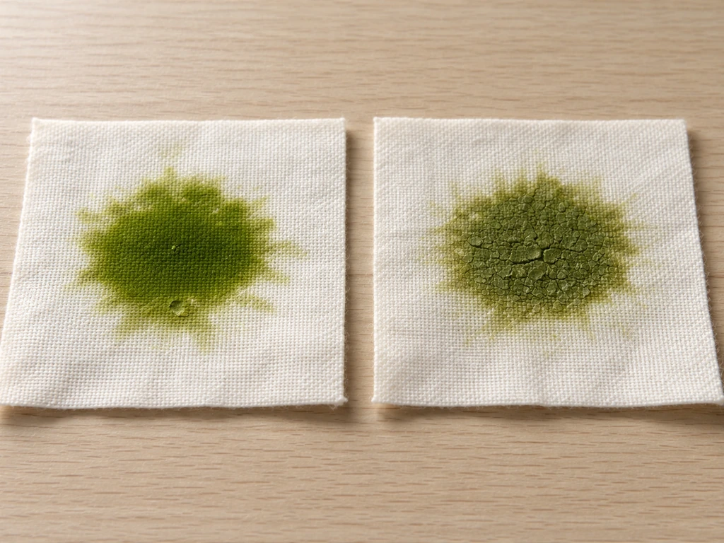 Deux carrés de tissu avec une même tache verte: fraîche humide et verte, sèche terne avec texture