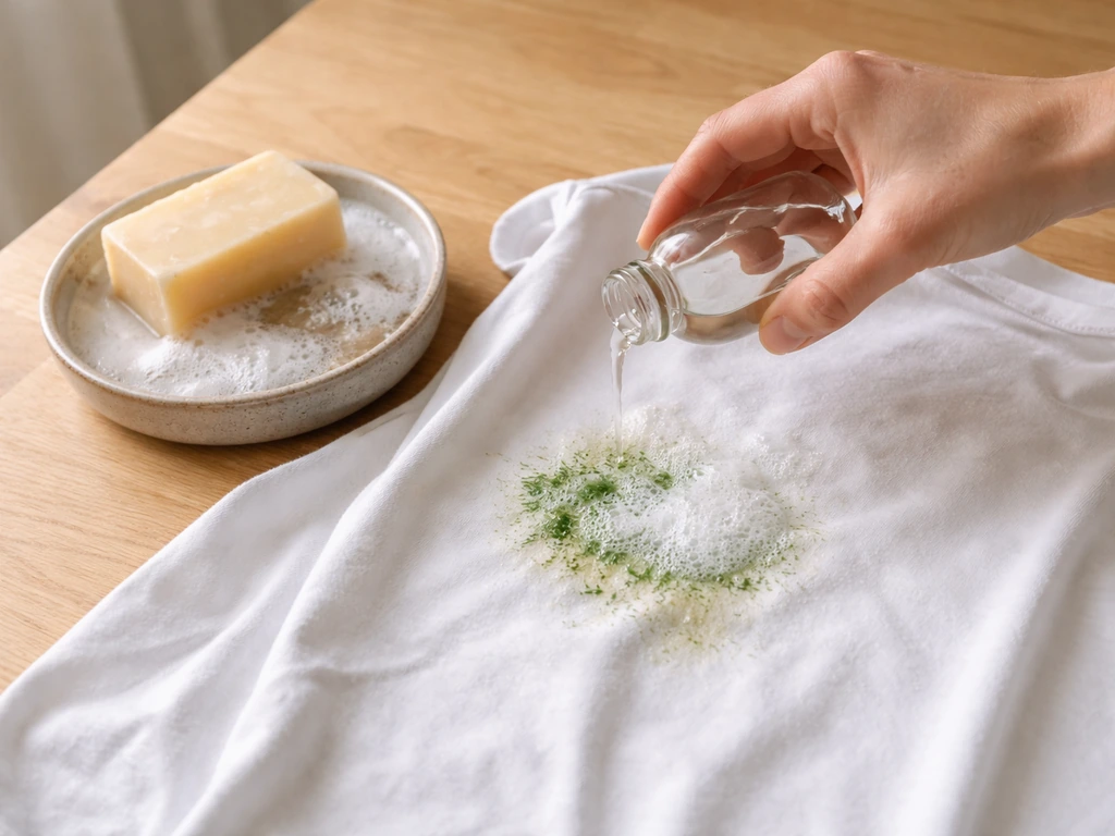 Application de vinaigre blanc puis mousse de savon de Marseille sur un tissu taché d’herbe avant lavage.