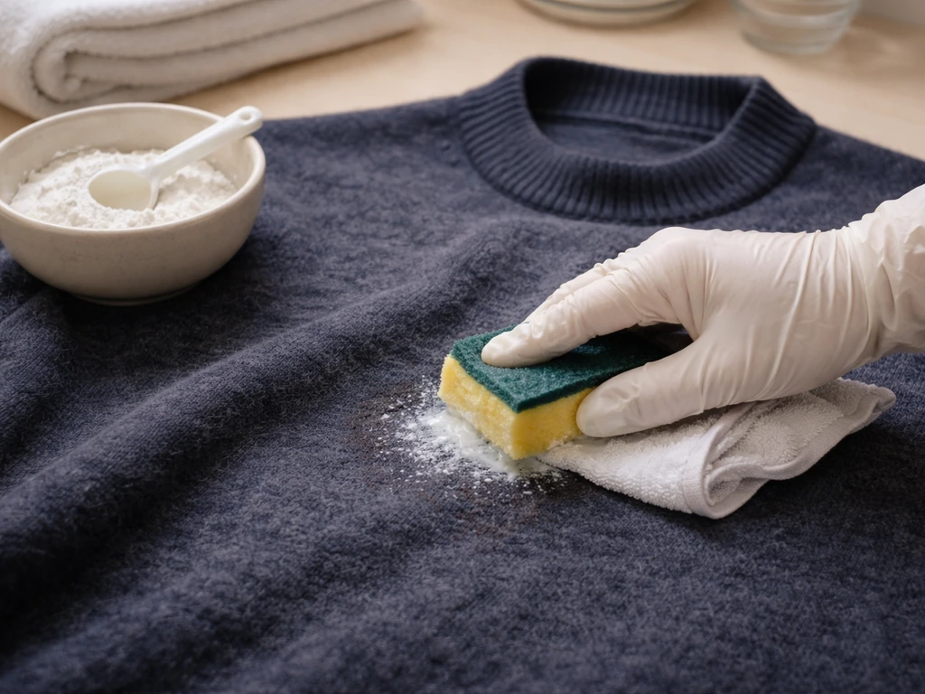 Pull en laine foncée, tache traitée avec un produit doux et trempage au percarbonate, geste prudent