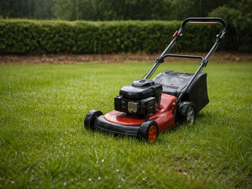 Pelouse française mouillée sous la pluie avec une tondeuse à l’arrêt, herbe visible et gouttes.
