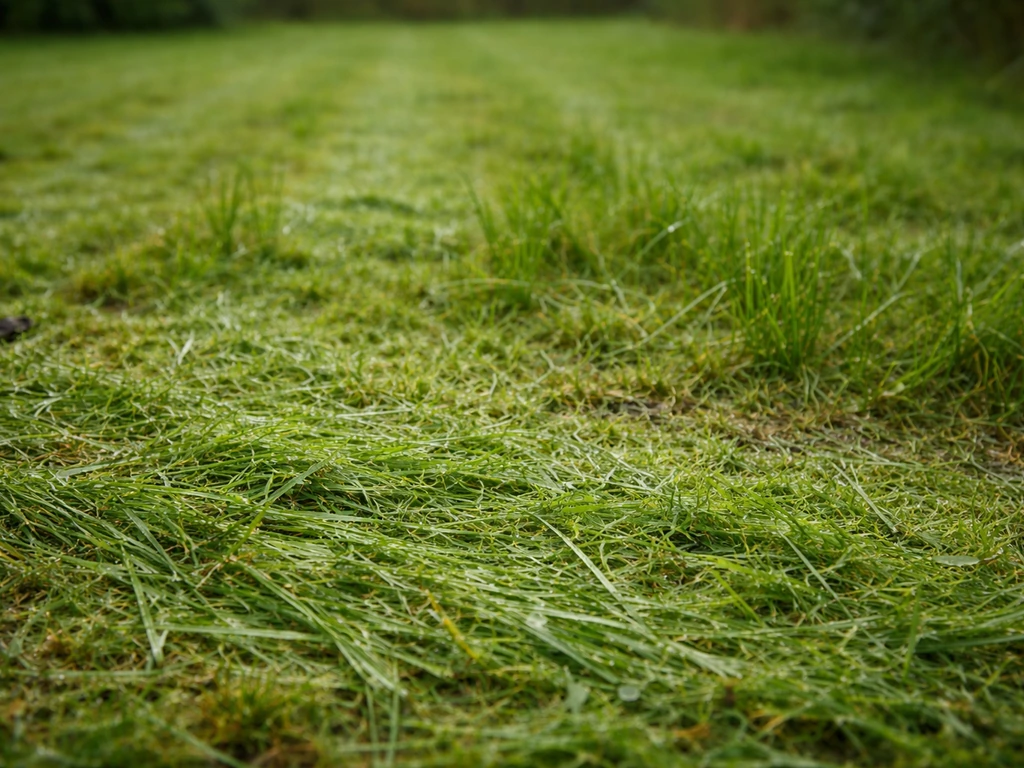 Pelouse humide avec brins d’herbe couchés et coupe irrégulière, gouttes visibles après un passage de tondeuse.