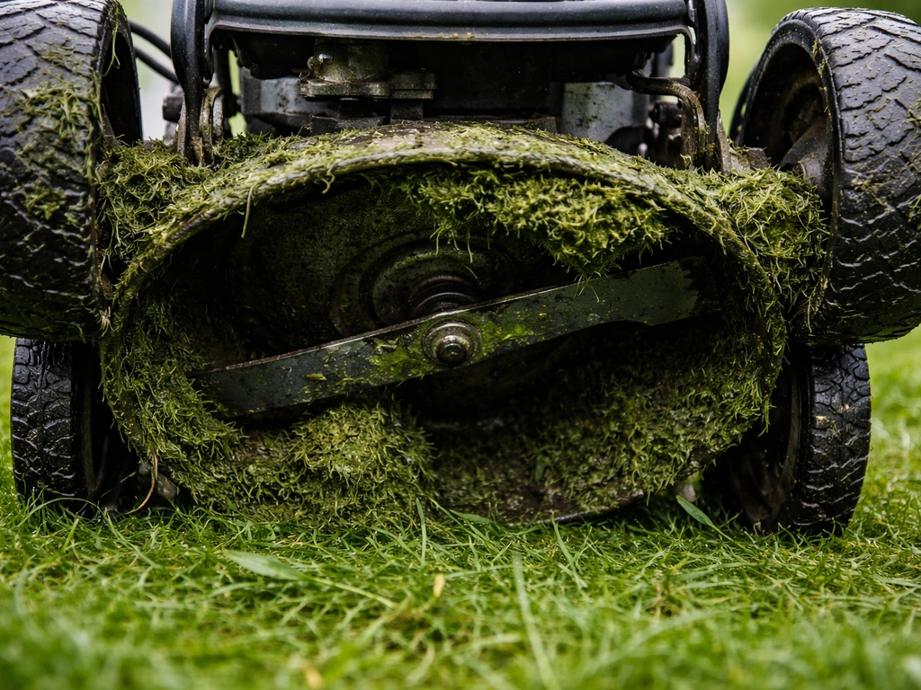 Vue rapprochée d’une tondeuse avec de l’herbe humide compactée et collée sous le carter.
