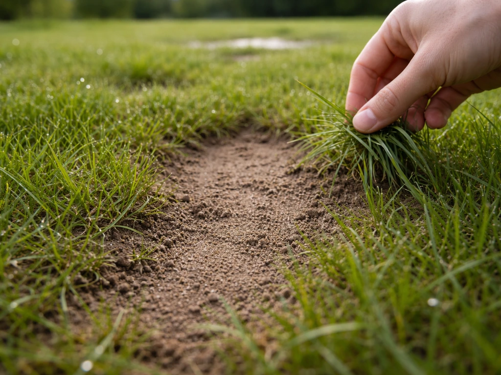 Main et pied sur une pelouse après la pluie : surface sèche et sol qui ne s’affaisse plus